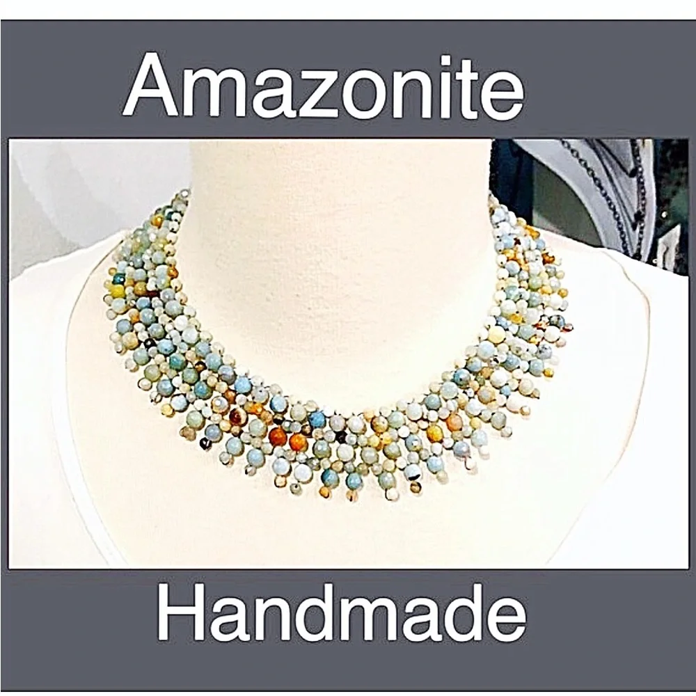 Amazonite Hand Crafted Beaded Collar, NWT, Pewter Toggle, Statement Necklace,